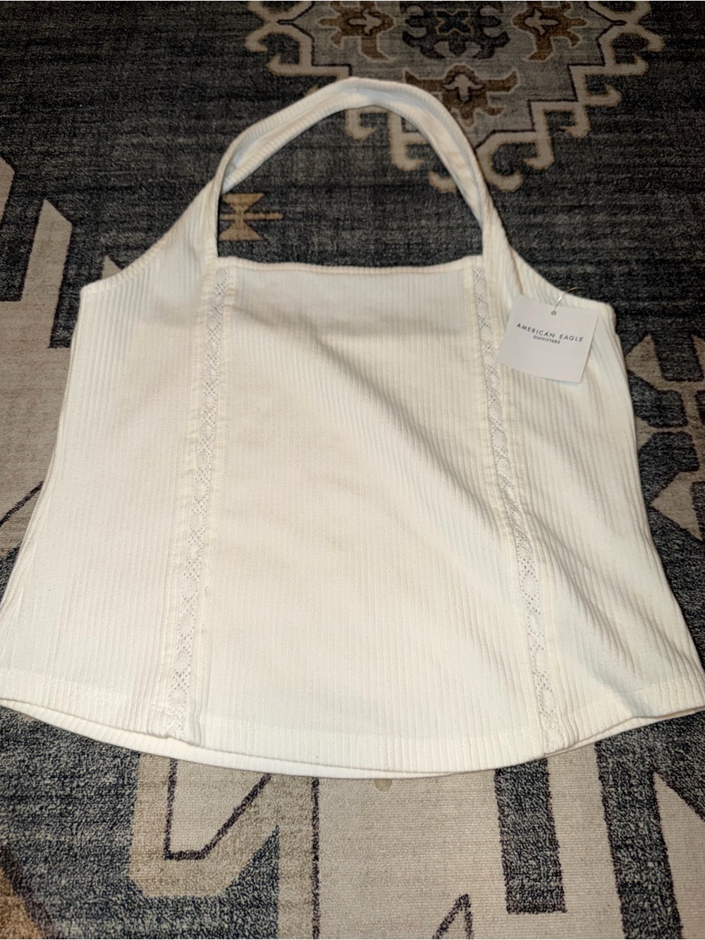 American Eagle Cream Ribbed Lace-Trim Halter Top Tank